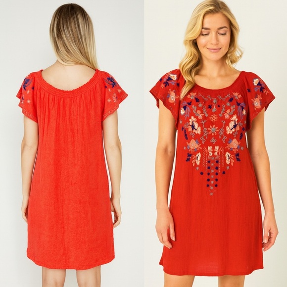 Umgee Boho Embroidered Mini Dress Coral Orange Beachy Crepe Lightweight Sz S - Picture 4 of 16